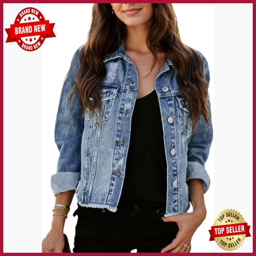 Distressed Denim Jacket with Frayed Details and Pockets